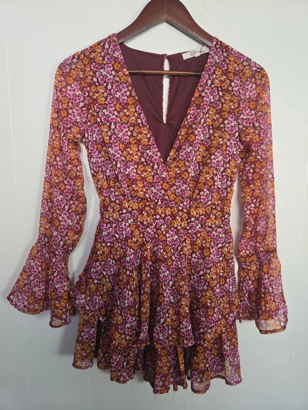 Blush Floral Wrap Long Sleeve Jumpsuit Short
